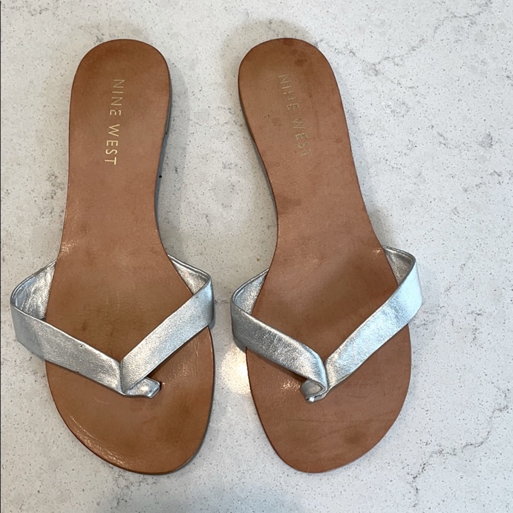 Nine West Silver Leather Slides